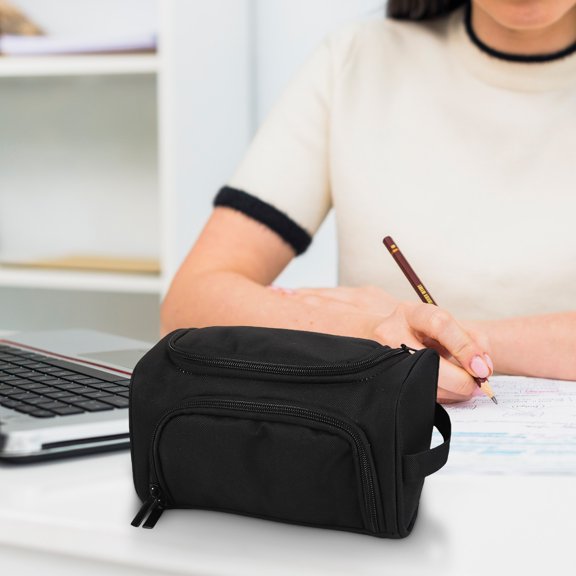 WMTOKK Large Capacity Double-layer Pencil Case Black Multifunctional Side Storage Stationery Bag Portable Student Organizer Black