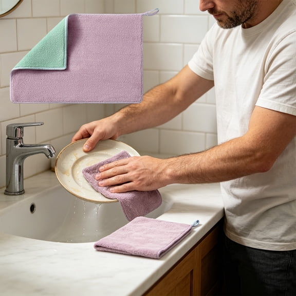 WMTOKK Microfiber Cleaning Cloths, Thickened Absorbent Kitchen Towels with Hanging Loop, 11.8x7.9in Lint-Free Reusable Dish Rags, Purple