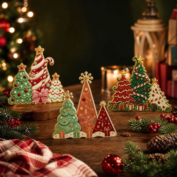 WMTOKK Set of 3 Christmas Tree Tabletop Ornaments, Festive Wooden Desktop Figurines for Xmas Mantel, Shelf, Counter Indoor Holiday Party Display