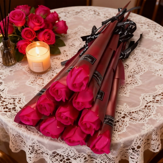 WMTOKK Valentine's Day Single Rose Bouquet (10pcs, Fuchsia) Valentine Decorations