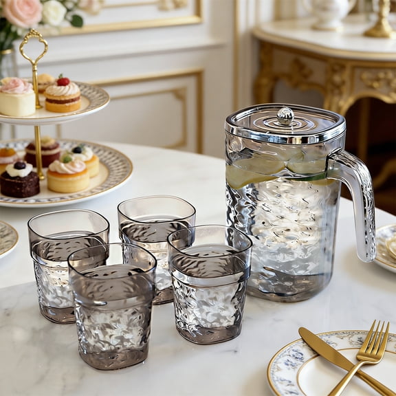 WMTOKK Water Ripple Plastic Pitcher Set, 8.07x4.92x4.92in Cold Kettle with 4 Cups, Beverage Dispenser for Home Holiday Guest Serving, Gray