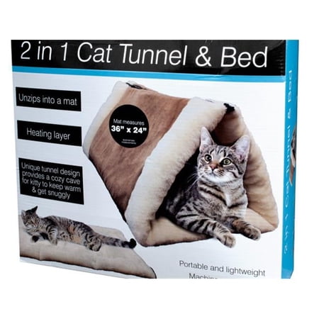 WMU 2 in 1 Cat Tunnel Bed with Heating Layer, Brown/Beige, 36" x 24"