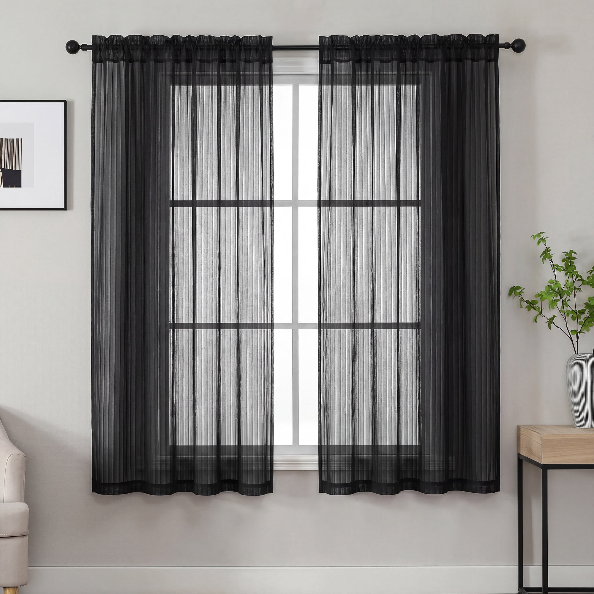 OVZME Luna 84" Black Striped Sheer Curtains 2 Panels - Light Filtering Privacy Sheers for Living Room Sliding Glass Doors, Vertical Stripe Textured Rod Pocket, 42"W x 84"L Each, Black