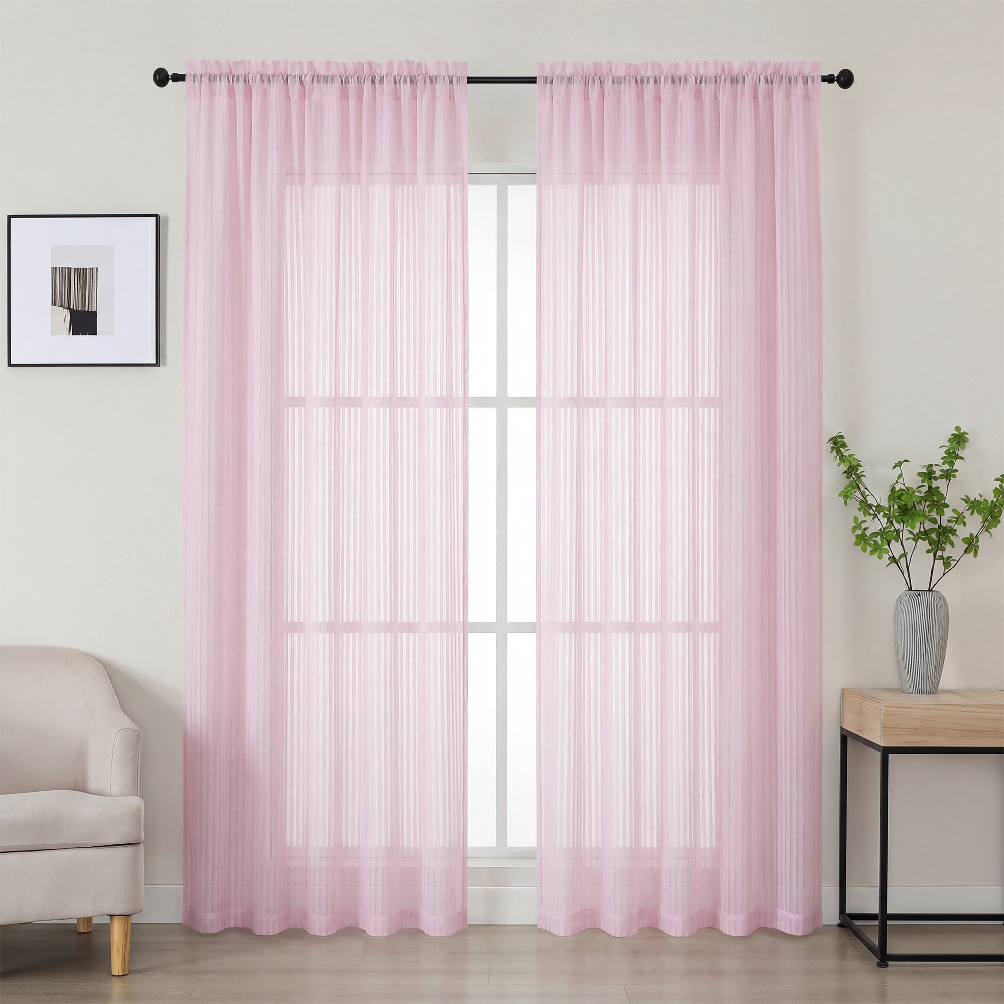 OVZME Luna 84" Striped Blush Sheer Curtains 2 Panels - Vertical Textured Rod Pocket for Living Room Bedroom Window Treatments, Patio Sliding Glass Doors , 52"W x 84"L Each