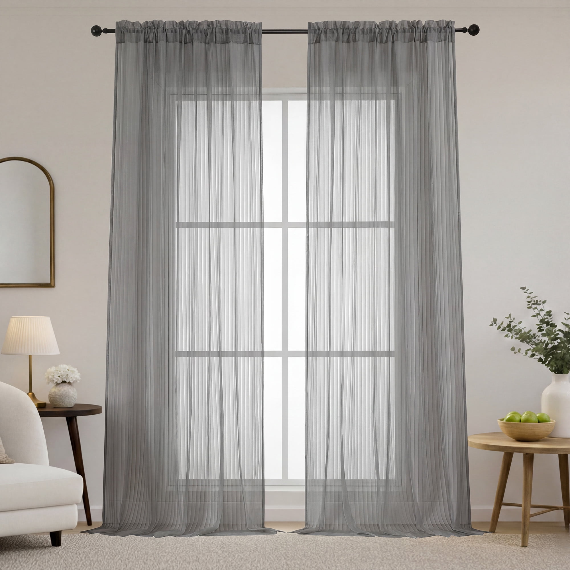 OVZME Luna 108" Charcoal Striped Sheer Curtains 2 Panels - Extra Long Floor Length Drapes for High Ceilings Living Room Patio Doors, Light Filtering Modern Textured, 52"W x 108"L Each