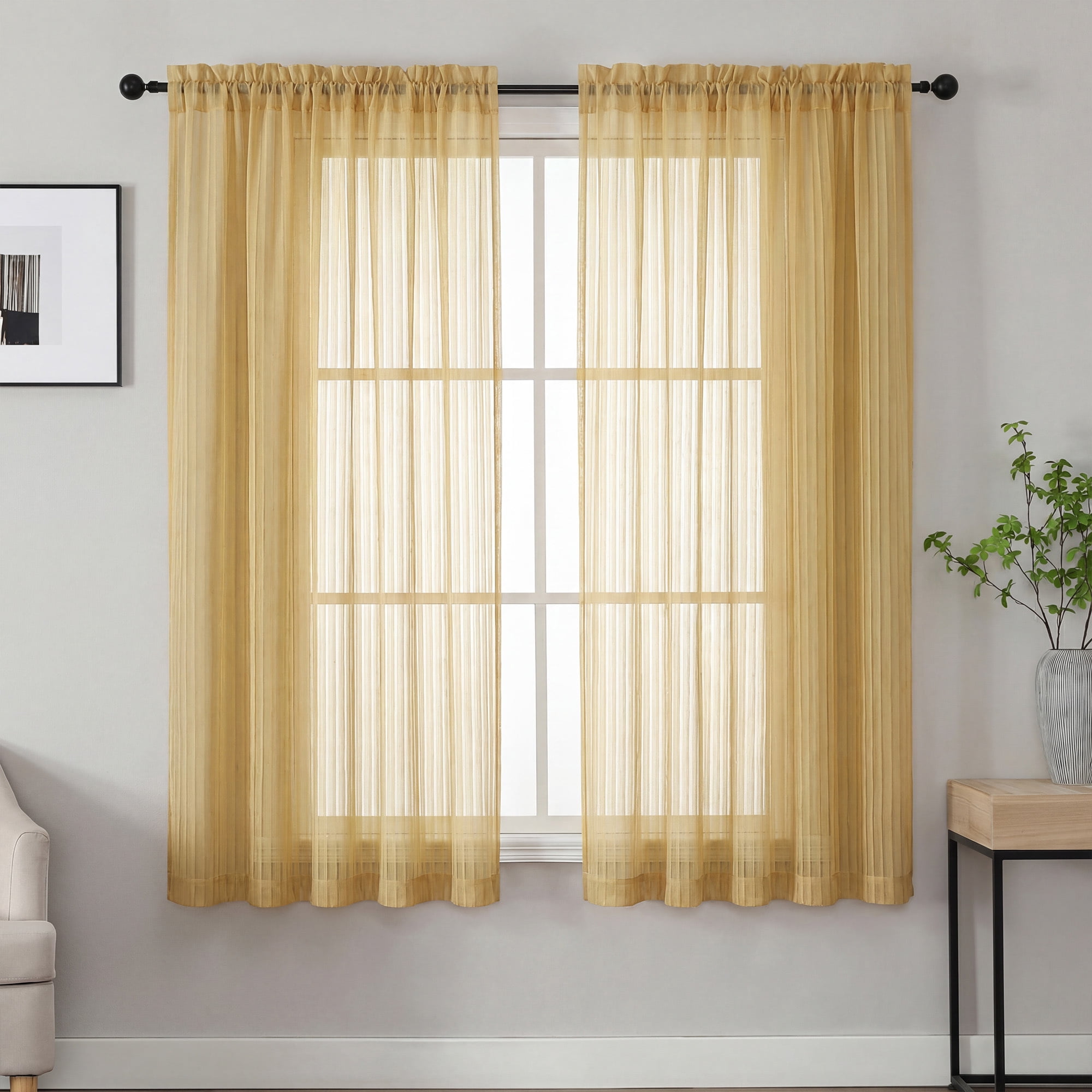 OVZME 63 Inch Vertical Striped Gold Sheer Curtains 2 Panels - Light Filtering Textured Rod Pocket Drapes for Living Room Bedroom, 52"W x 63"L Each, Gold