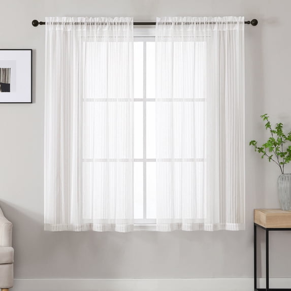 OVZME Luna 42x54" Ivory Striped Sheer Curtains 2 Panels - Light Filtering Textured Rod Pocket Sheers for Small Half Windows Kitchen Cafe Bathroom, 42"W x 54"L Each