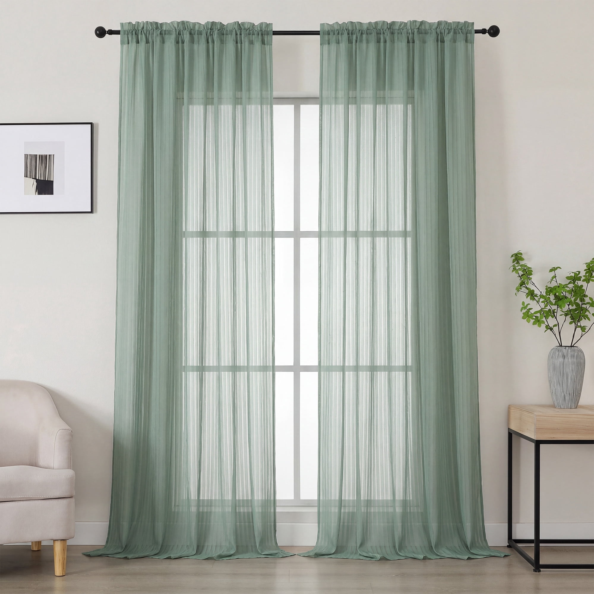 OVZME Luna 108" Sage Green Striped Sheer Curtains 2 Panels - Extra Long Floor Length Drapes for High Ceilings Living Room Patio Doors, Light Filtering Modern Textured, 52"W x 108"L Each
