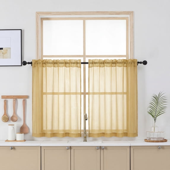OVZME Luna Gold 30" Long Striped Sheer Curtains 2 Panels - Small Tier Curtains for Kitchen Window Bathroom Basement, Soft Rod Pocket Sheers for RV Camper Cabinet Door, 30"W x 30"L Each