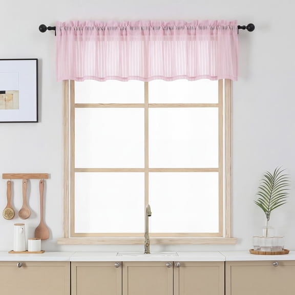 OVZME Luna Blush Striped Valances 2-Pack - Light Filtering Textured Sheer Curtains for Kitchen Cafe Living Room Small Windows, 52"W x 14"L Each, Blush