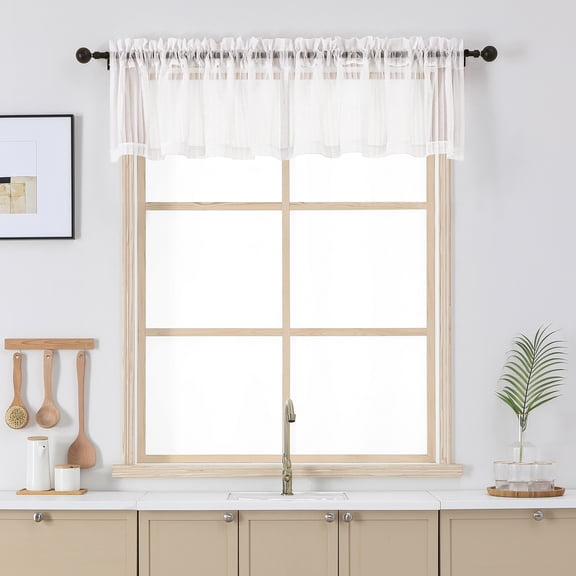 OVZME Luna Blush Striped Valances 2-Pack - Light Filtering Textured Sheer Curtains for Kitchen Cafe Living Room Small Windows, 52"W x 14"L Each, Blush