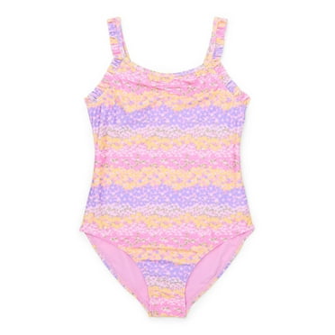 Wonder Nation Girls Frilly Floral Print One Piece Swimsuit with UPF50 , Sizes 4-18 & Plus