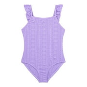 Wonder Nation Girls Eyelet Flutter One Piece Swimsuit with UPF50+, Sizes 4-16 & Plus