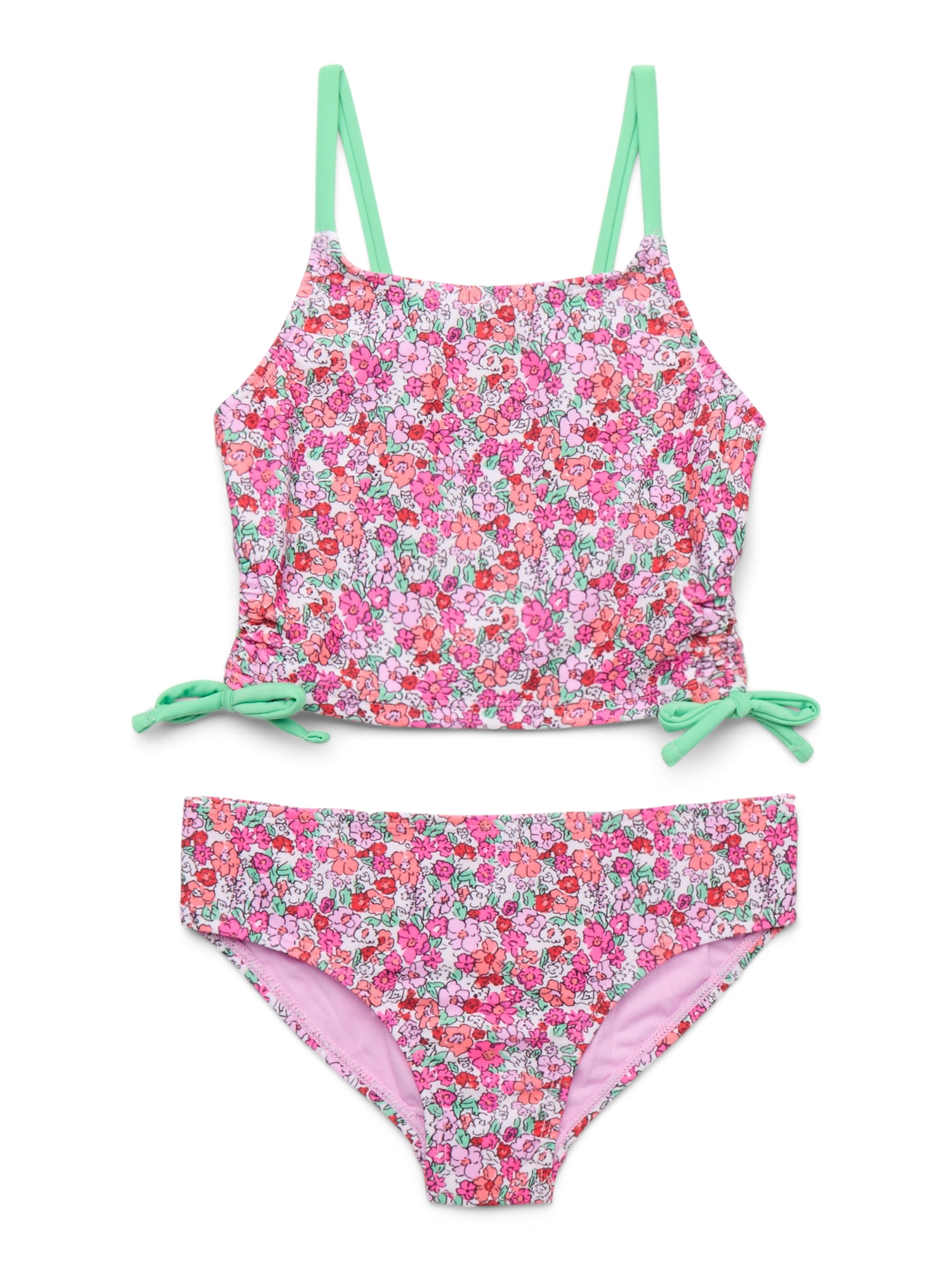Wonder Nation Girls Tankini Top Swimsuit Set with Side Ties & Mid-Rise Bottoms with UPF 50, 2-Piece, Sizes 4-18 & Plus