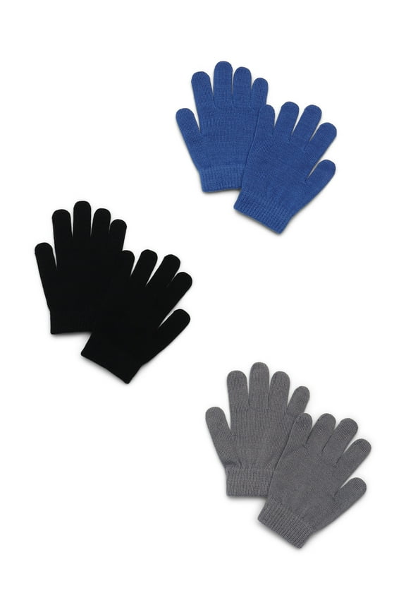 Boys Ribbed Gloves, 3-Pack, Sizes 4-16 Years