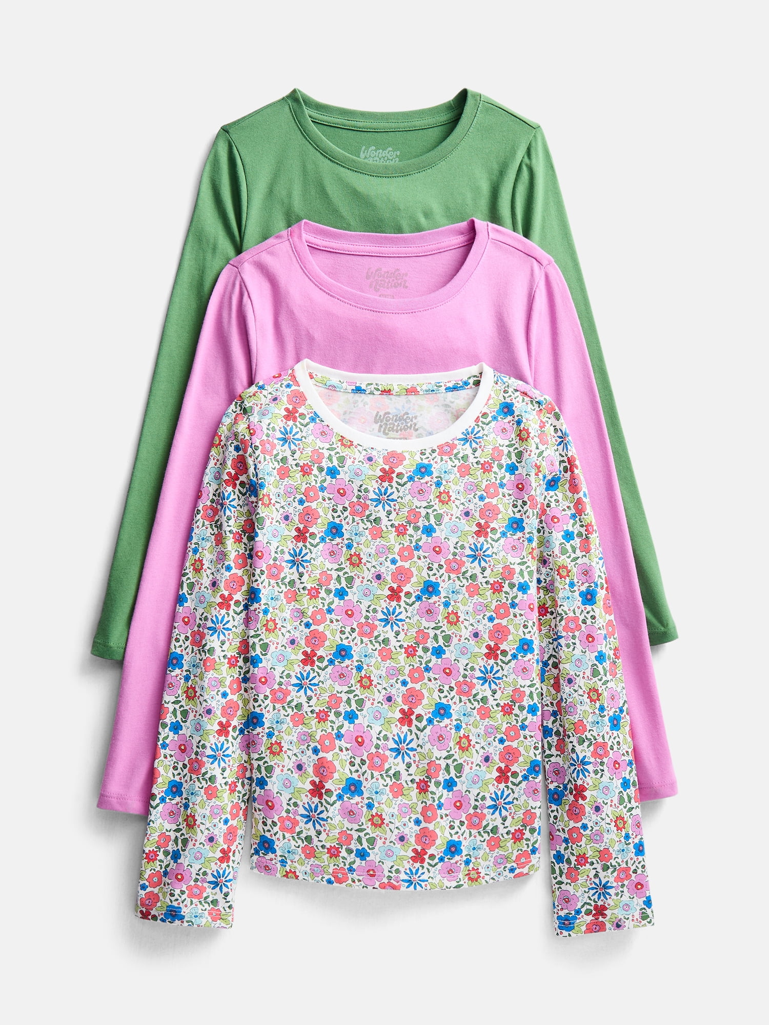 Wonder Nation Girls Kid Tough Tee with Long Sleeves, 3 Pack, Sizes 4-18 & Plus
