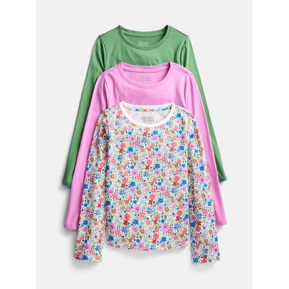 Wonder Nation Girls Kid Tough Tee with Long Sleeves, 3 Pack, Sizes 4-18 & Plus