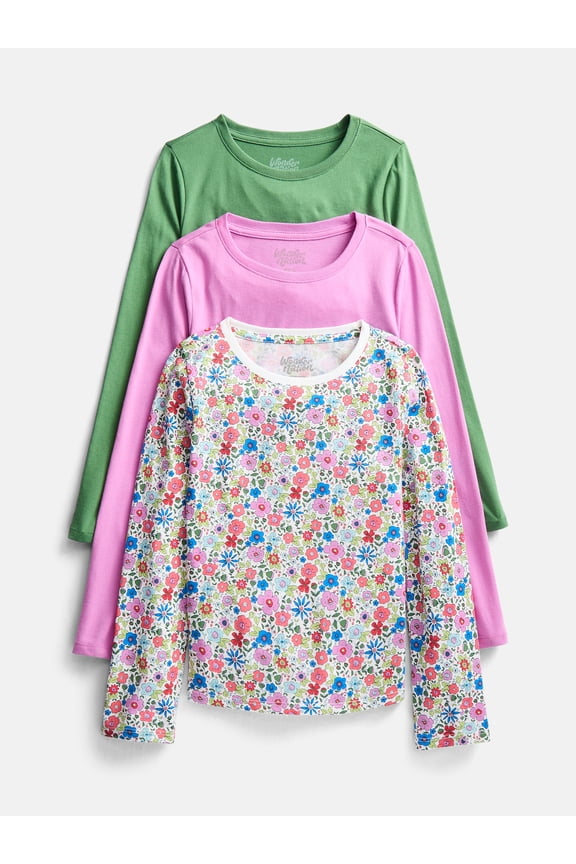 Girls Kid Tough Tee with Long Sleeves, 3 Pack, Sizes 4-18 & Plus