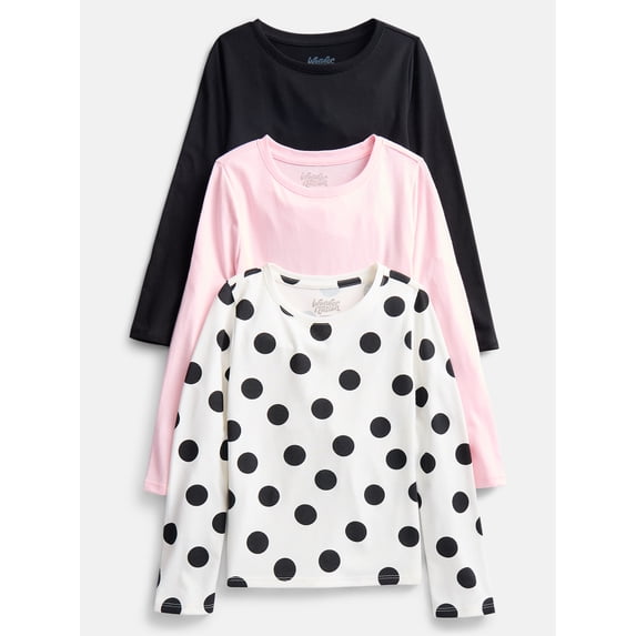 Wonder Nation Girls Kid Tough Tee with Long Sleeves, 3 Pack, Sizes 4-18 & Plus