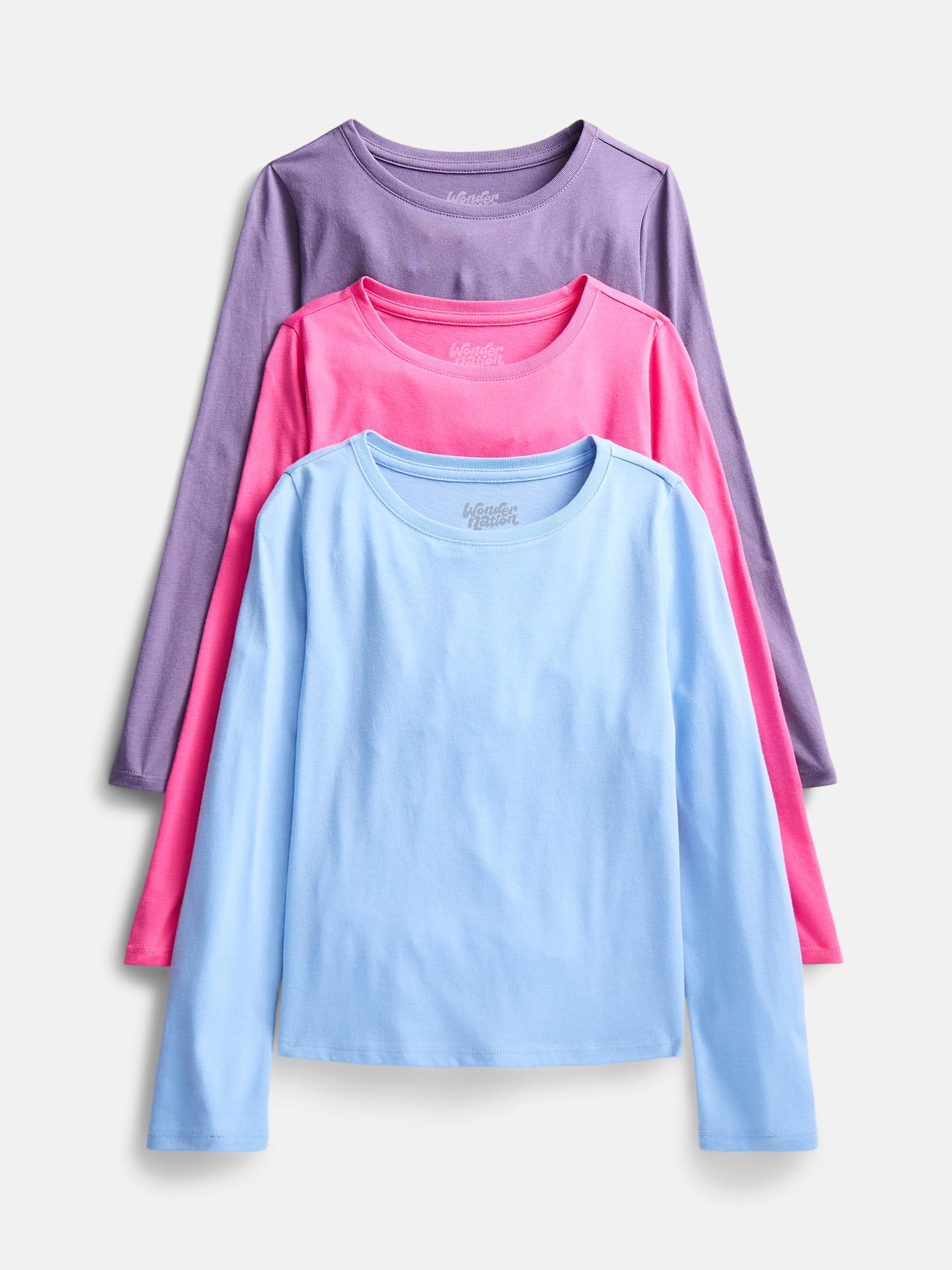 Wonder Nation Girls Kid Tough Tee with Long Sleeves, 3 Pack, Sizes 4-18 & Plus