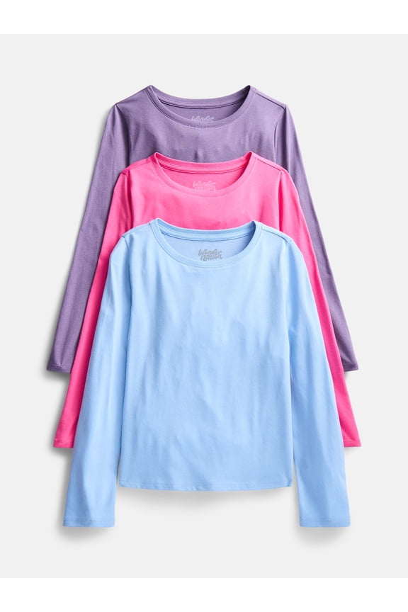 Girls Kid Tough Tee with Long Sleeves, 3 Pack, Sizes 4-18 & Plus