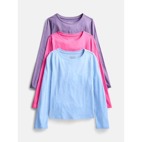 Wonder Nation Girls Kid Tough Tee with Long Sleeves, 3 Pack, Sizes 4-18 & Plus
