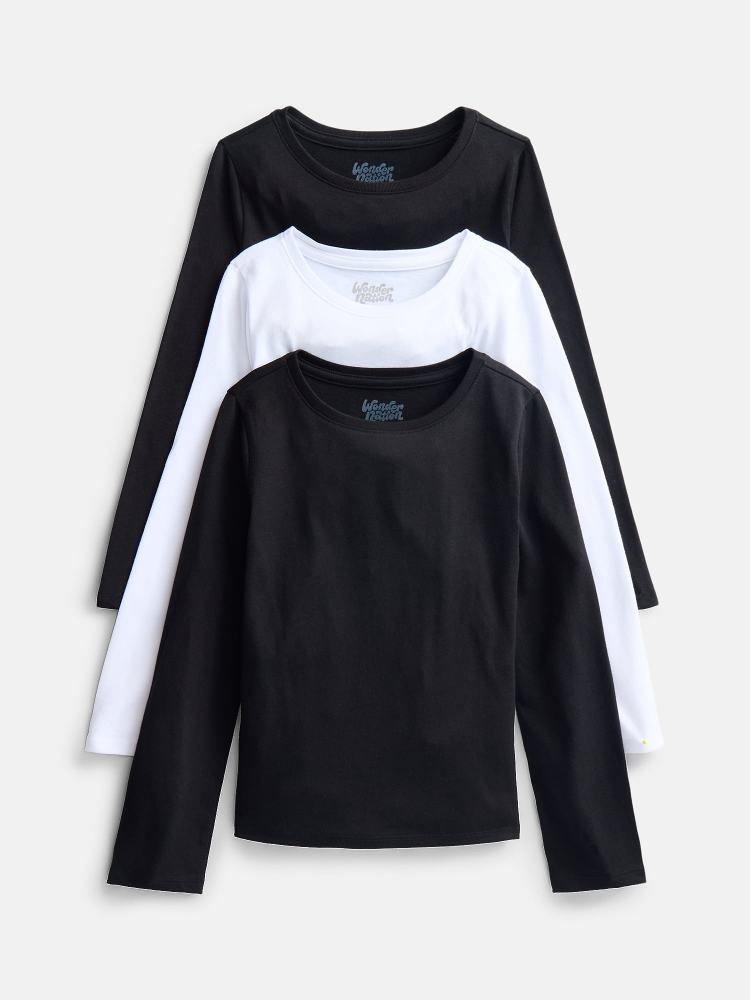 Wonder Nation Girls Kid Tough Tee with Long Sleeves, 3 Pack, Sizes 4-18 & Plus