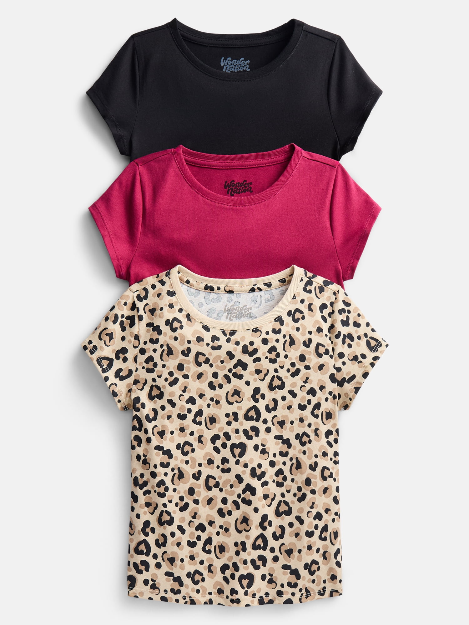 Wonder Nation Girls Short Sleeve Kid Tough T-Shirt, 3-Pack, Sizes 4-18 & Plus