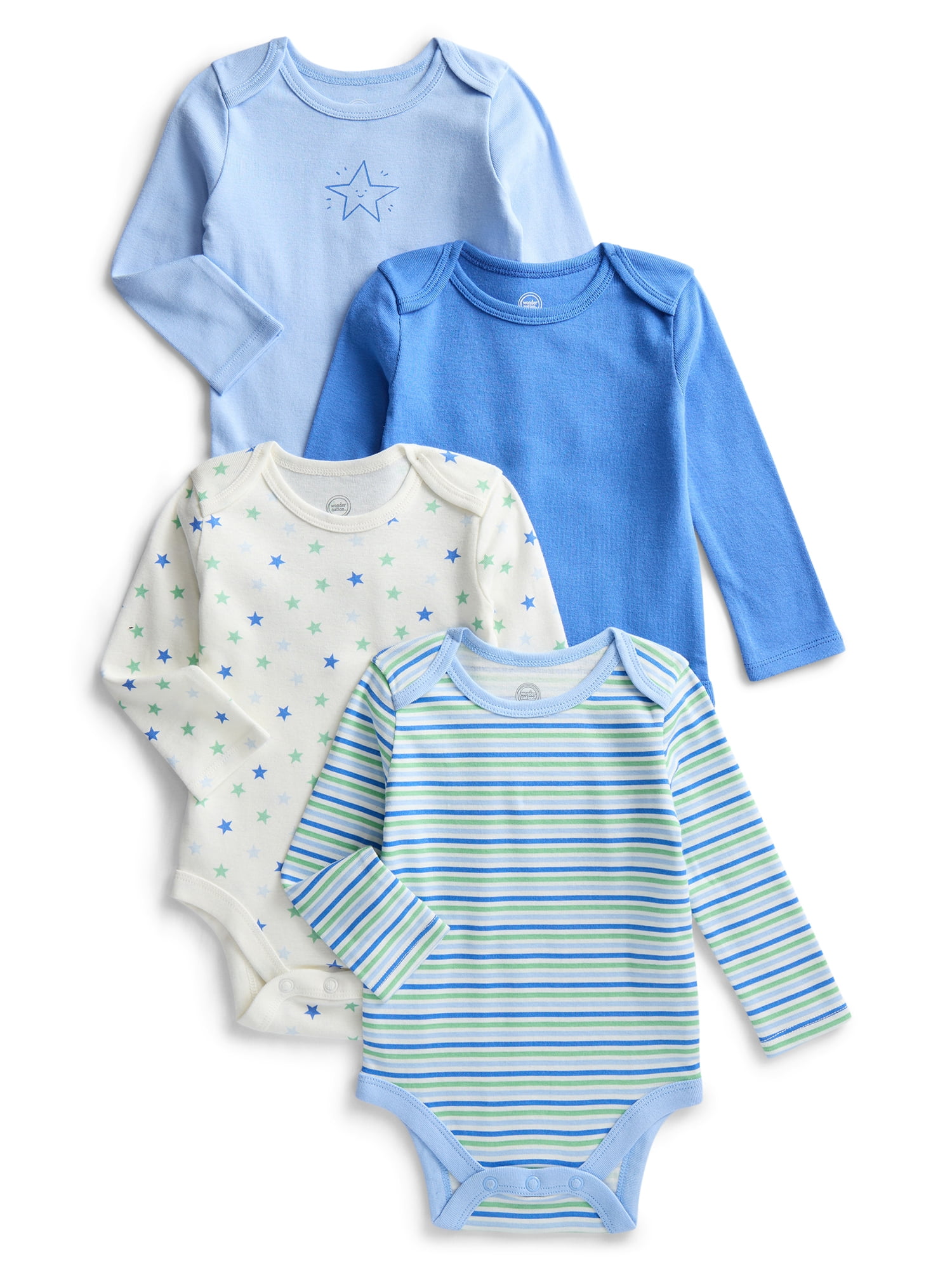 Wonder Nation Organic Cotton Baby Gender Boy 4PK Long Sleeve Body Suit, Sizes 0/3 Months-6/9 Months