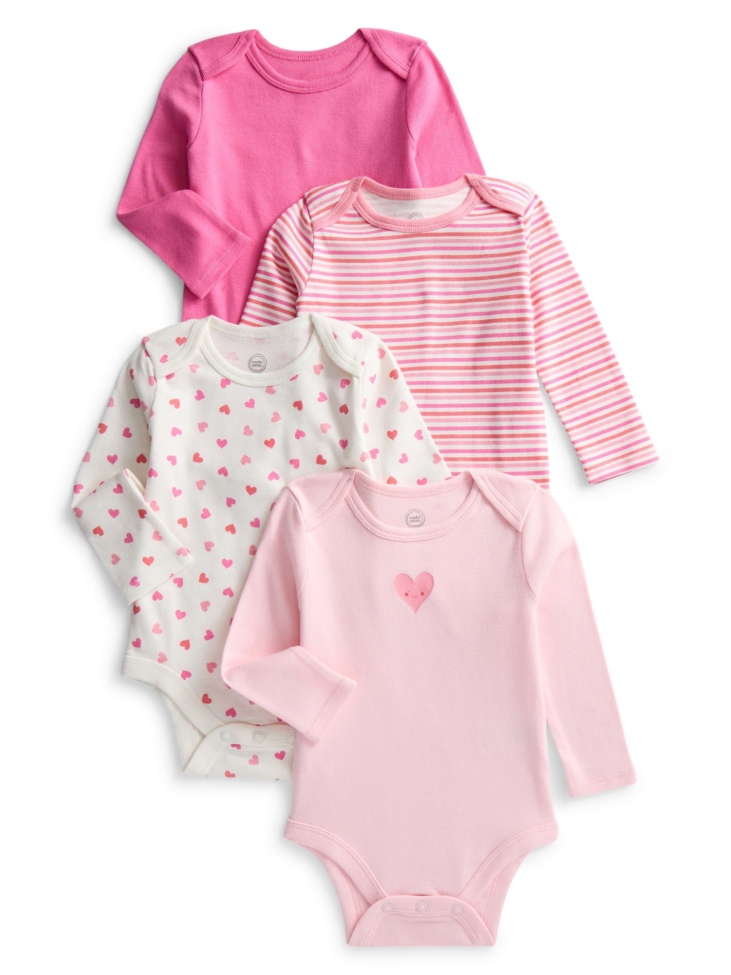 Wonder Nation Organic Cotton Baby Gender Girl 4PK Long Sleeve Body Suit, Sizes 0/3 Months-6/9 Months