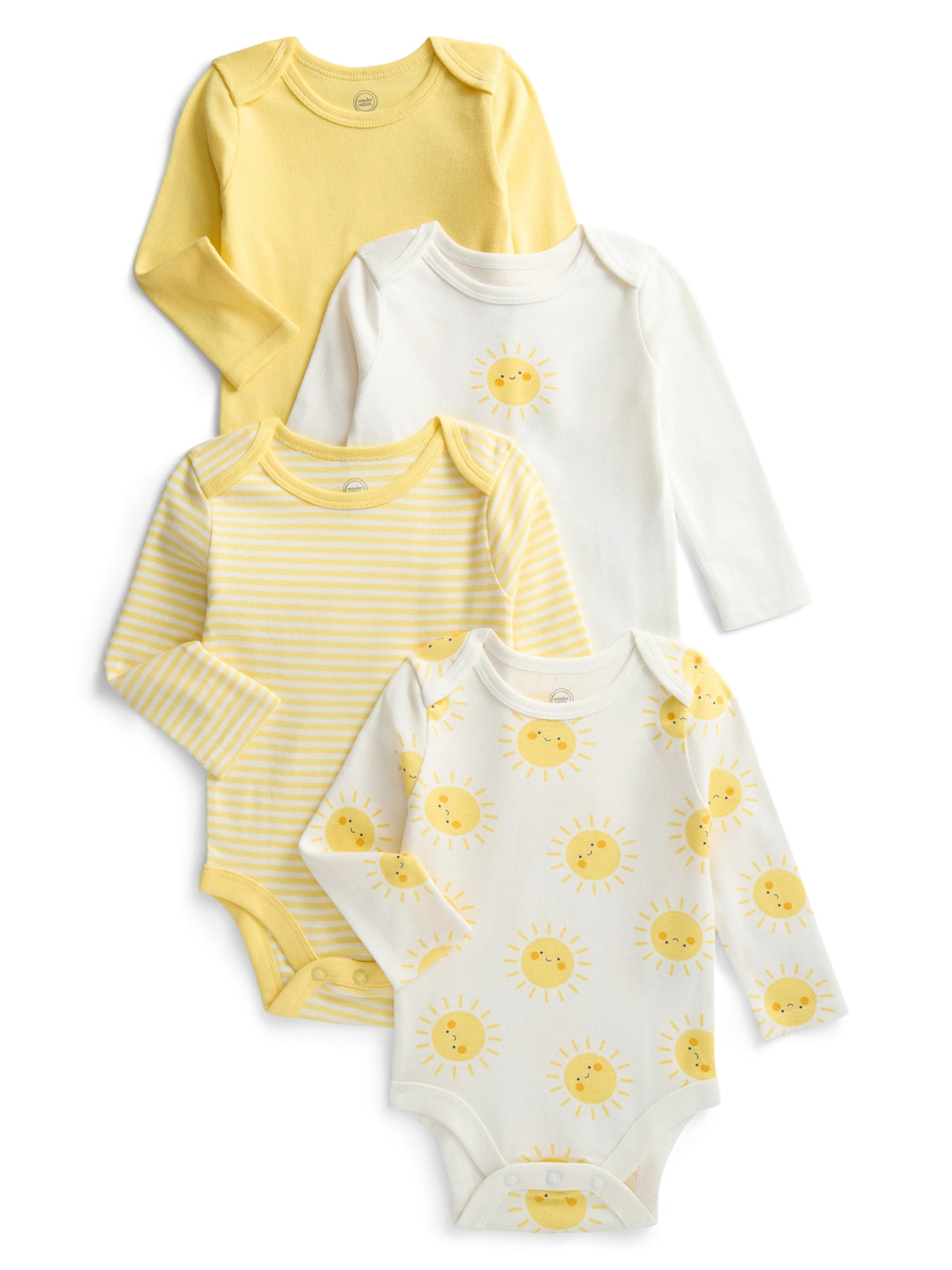 Wonder Nation Organic Cotton Baby Gender Neutral 4PK Long Sleeve Body Suit, Sizes 0/3 Months-6/9 Months