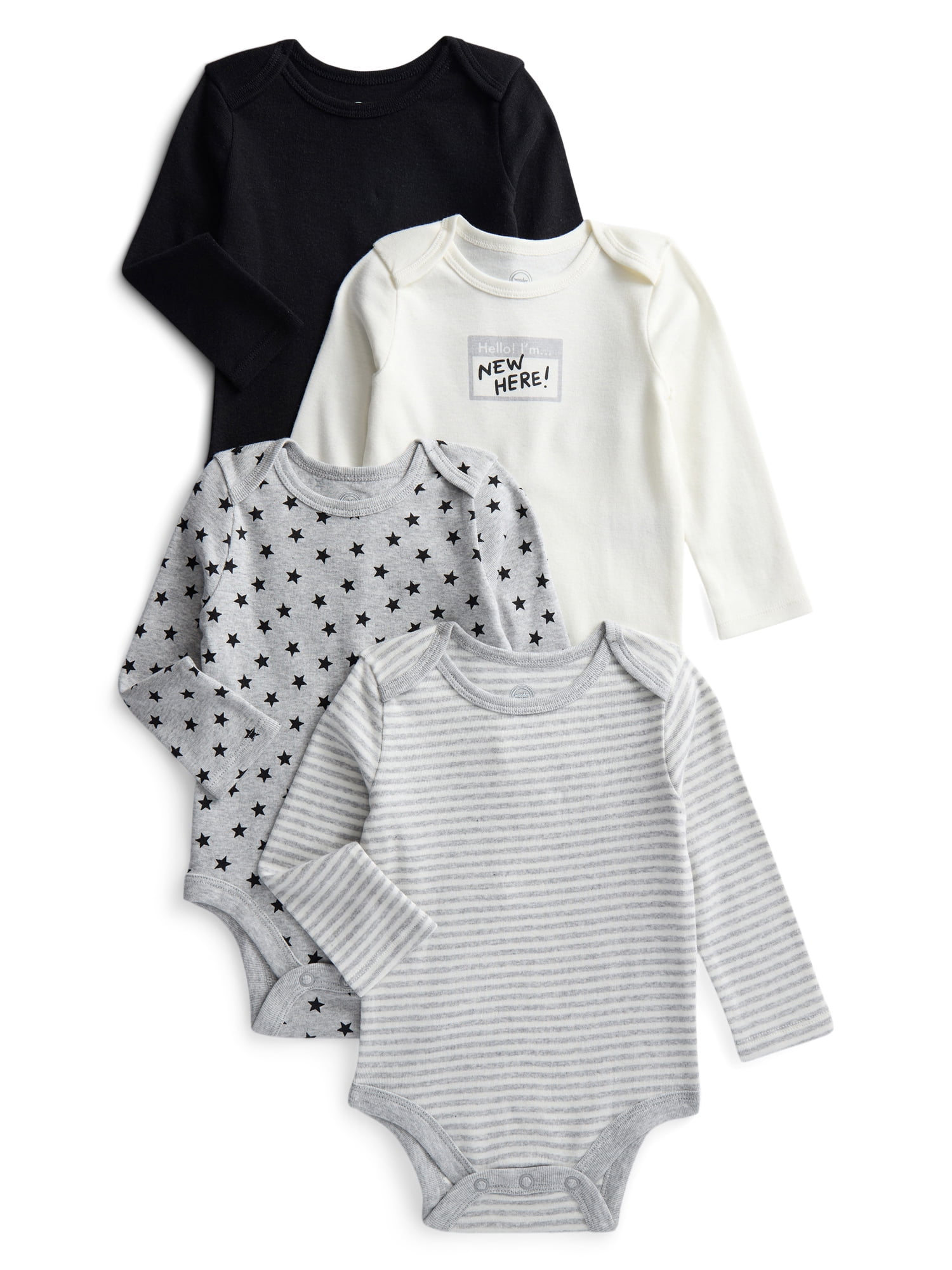 Wonder Nation Organic Cotton Baby Gender Boy 4PK Long Sleeve Body Suit, Sizes 12 Months-24 Months