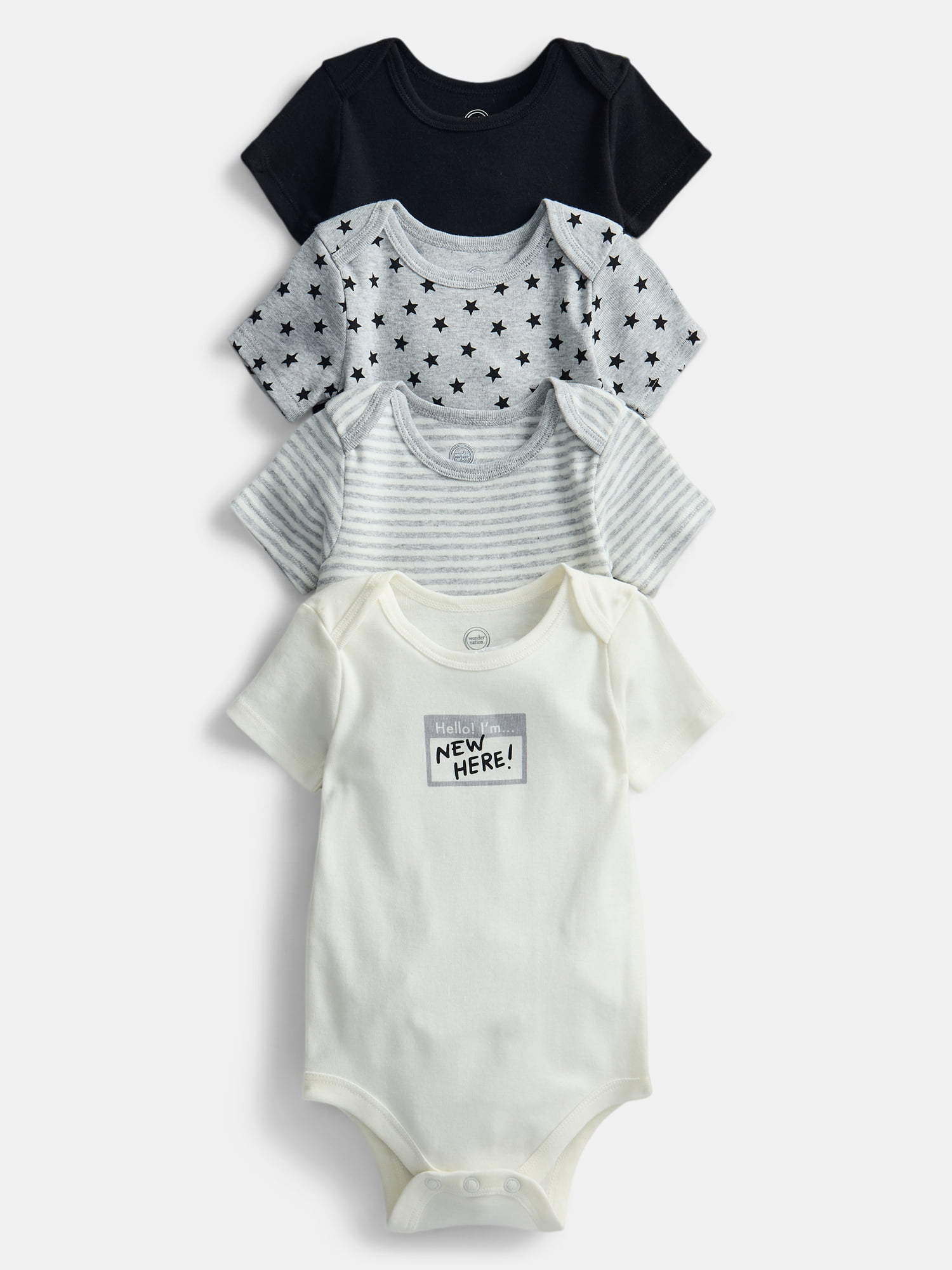 Wonder Nation Organic Cotton Baby Boys Short Sleeve Cotton Bodysuit, 4-Pack, Sizes 0/3 Months-6/9 Months