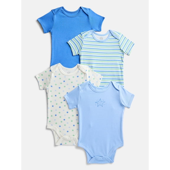 Wonder Nation Organic Cotton Baby Boys Short Sleeve Cotton Bodysuit, 4-Pack, Sizes 12 Months-24 Months