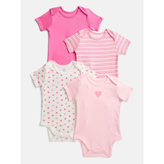 Wonder Nation Organic Cotton Baby Girls Short Sleeve Cotton Bodysuit, 4-Pack, Sizes 0/3 Months-6/9 Months