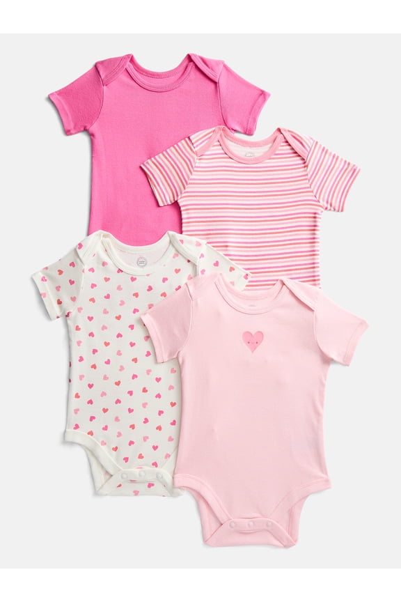 Organic Cotton Baby Girls Short Sleeve Cotton Bodysuit, 4-Pack, Sizes 0/3 Months-6/9 Months