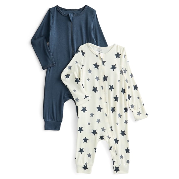 Wonder So Soft Modal by Wonder Nation Gender Neutral Two-Way Zipper Footless Sleep N Play Pajamas, 2-Pack, Sizes Preemie–6/9 Months