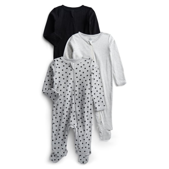 Wonder Nation Organic Cotton Baby Unisex Zip Front Footed Sleep N Play Pajamas, 3-Pack, Sizes Preemie-6/9 Months