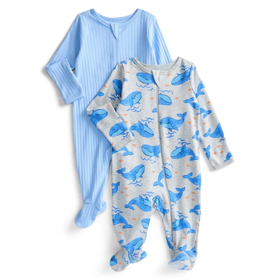 Wonder Nation Baby Gender Neutral Zip Front Footed Sleep N Play Pajamas, 2-Pack, Sizes Preemie-6/9 Months