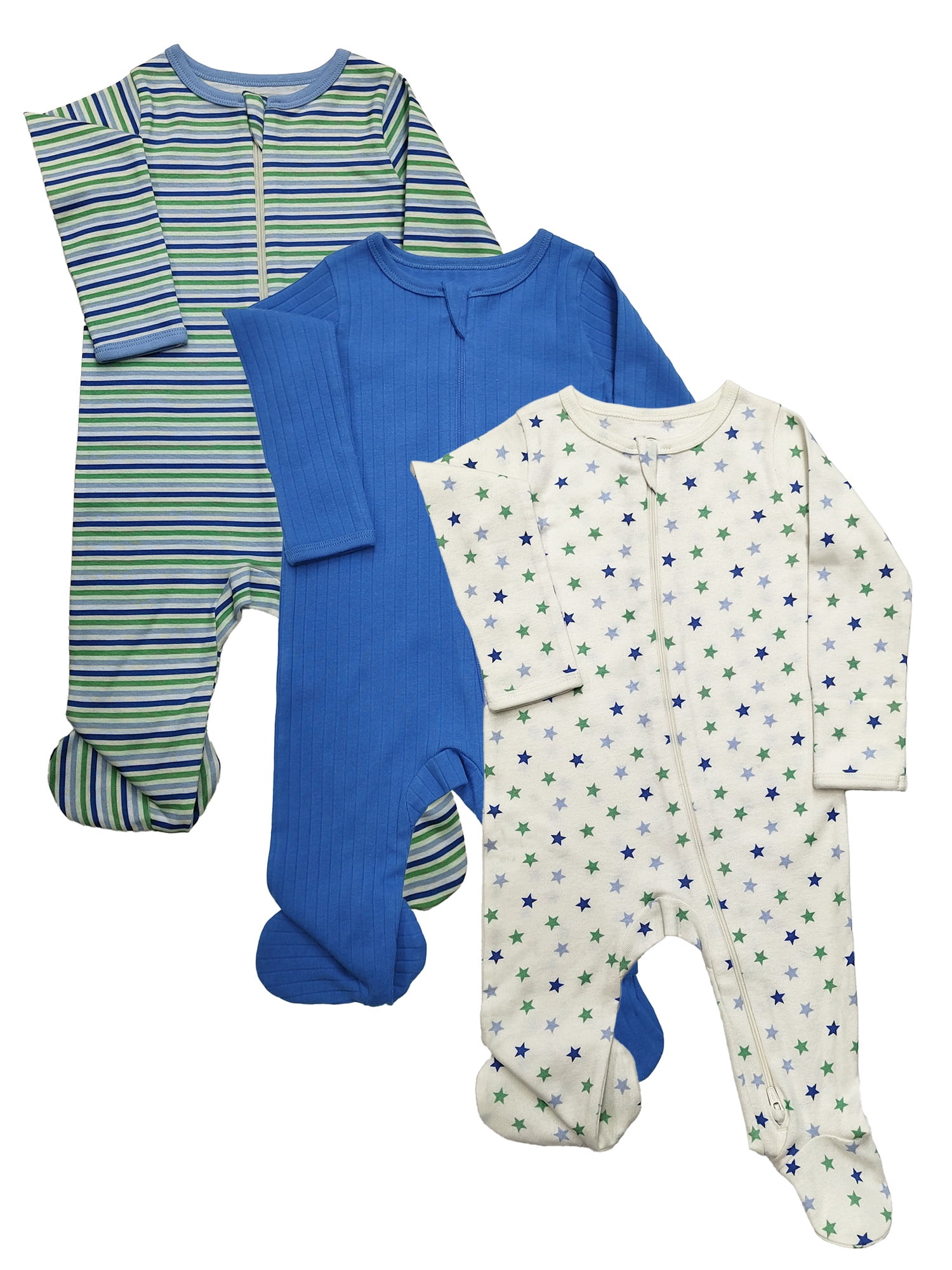 Wonder Nation Organic Cotton Baby Unisex Zip Front Footed Sleep N Play Pajamas, 3-Pack, Sizes Preemie-6/9 Months