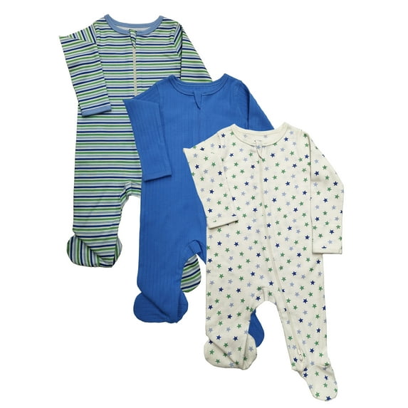Wonder Nation Organic Cotton Baby Unisex Zip Front Footed Sleep N Play Pajamas, 3-Pack, Sizes Preemie-6/9 Months