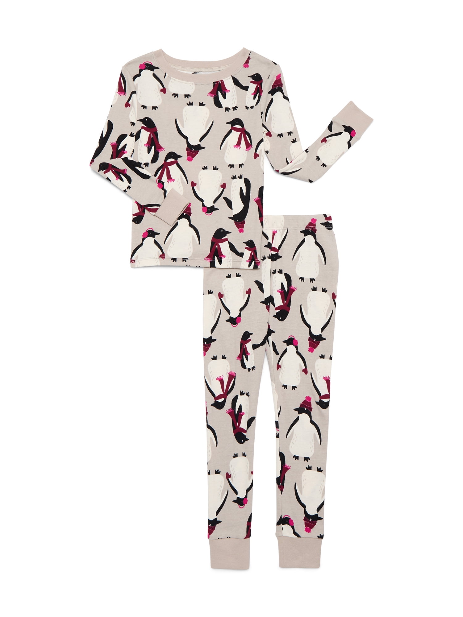 Wonder Nation Girls Cotton Long Sleeve Top and Pants Tight Fit Sleep Set, 2-Piece, Sizes 4-10