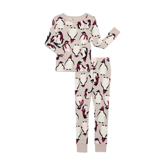 Wonder Nation Girls Cotton Long Sleeve Top and Pants Tight Fit Sleep Set, 2-Piece, Sizes 4-10