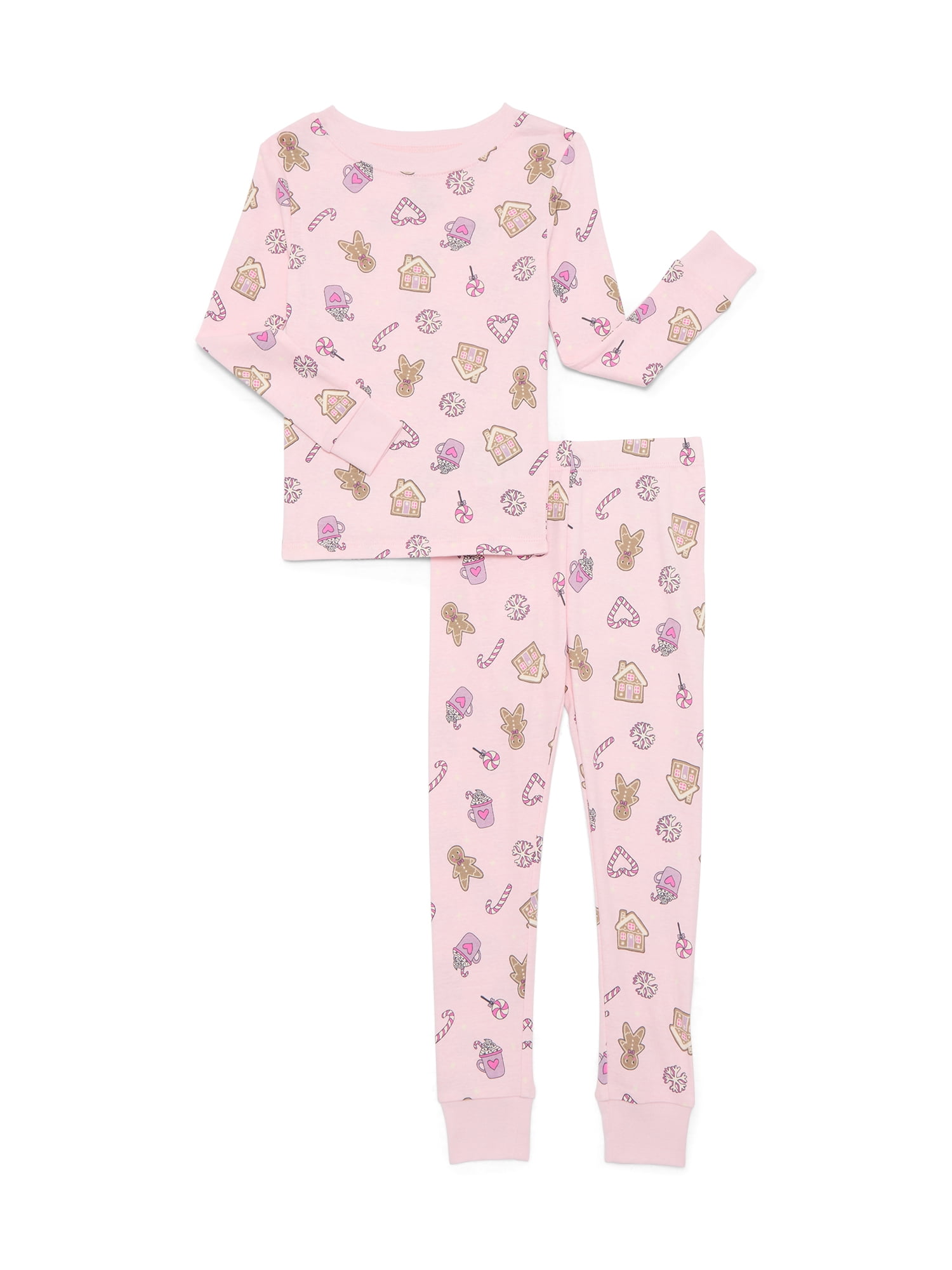 Wonder Nation Girls Cotton Long Sleeve Top and Pants Tight Fit Sleep Set, 2-Piece, Sizes 4-10
