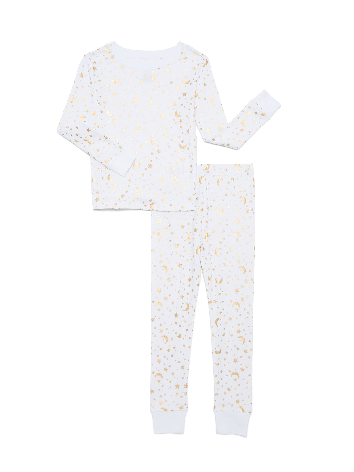 Wonder Nation Girl LS Cotton Long Sleeve Top & Pant Tight Fit 2-Piece Sleep Set, Sizes 4 to 10