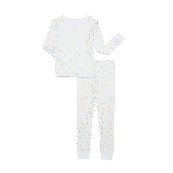 Wonder Nation Girl LS Cotton Long Sleeve Top & Pant Tight Fit 2-Piece Sleep Set, Sizes 4 to 10