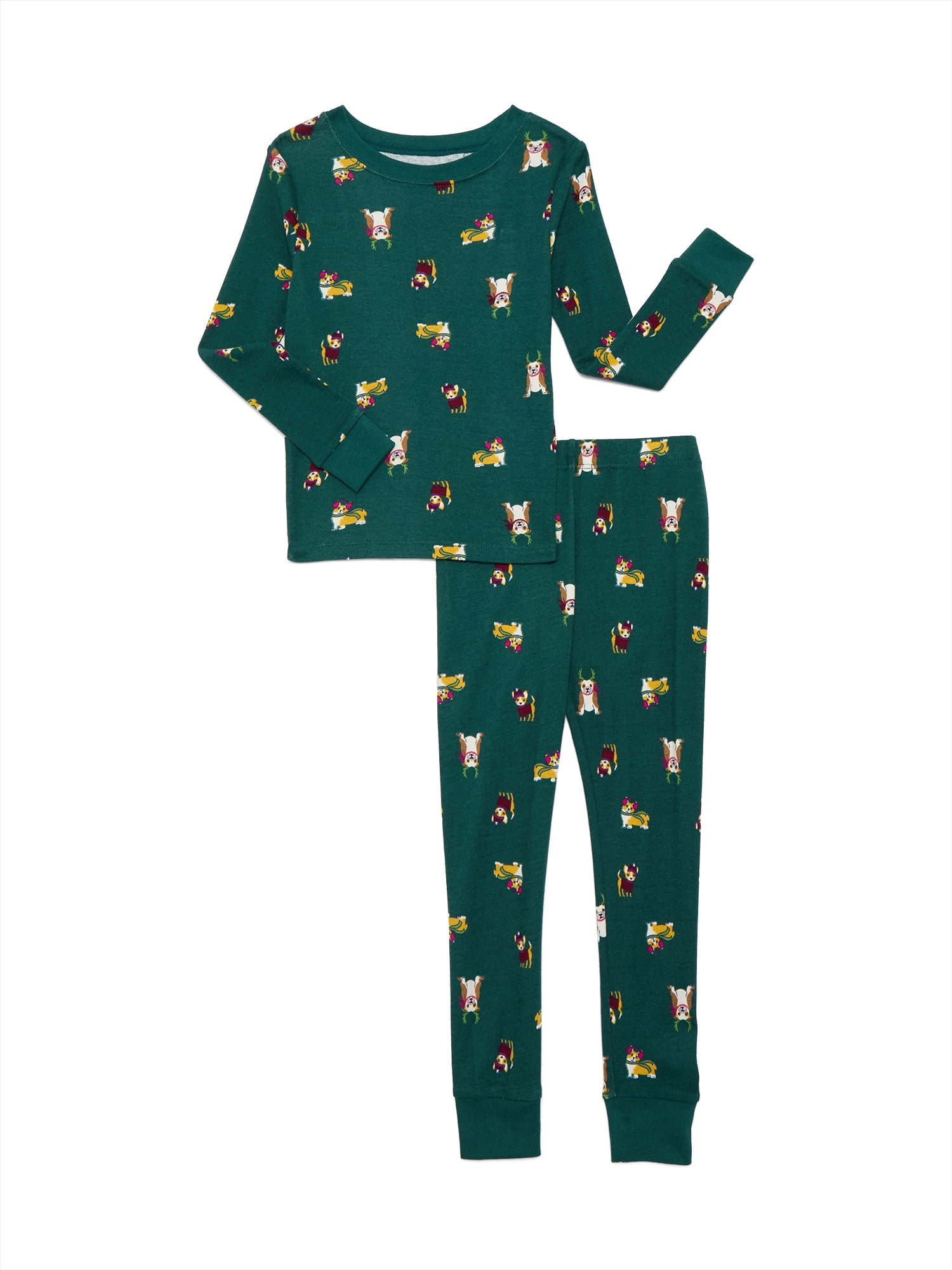 Wonder Nation Girls Cotton Long Sleeve Top and Pants Tight Fit Sleep Set, 2-Piece, Sizes 4-10