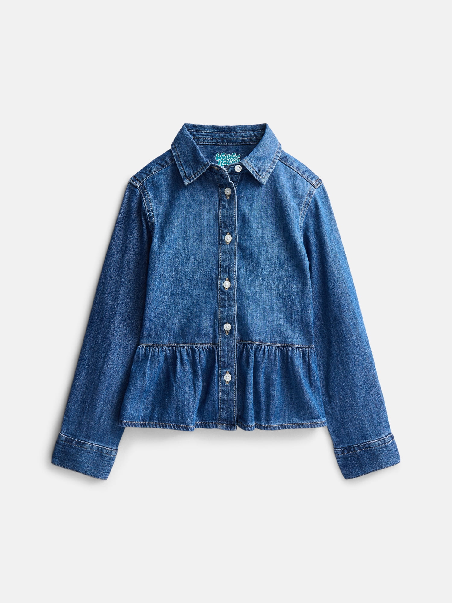 Wonder Nation Girls Peplum Cotton Shirt with Long Sleeves, Sizes 4-18 & Plus