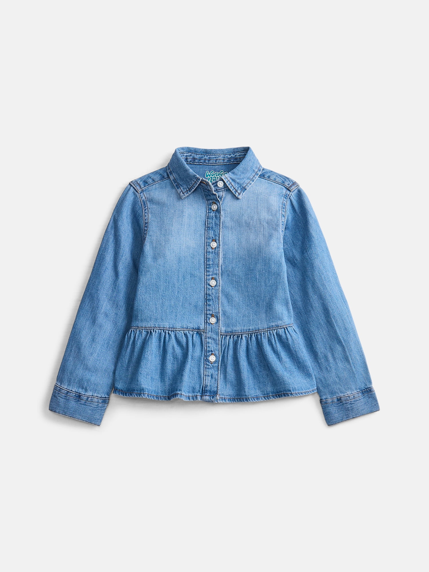 Wonder Nation Girls Peplum Cotton Shirt with Long Sleeves, Sizes 4-18 & Plus