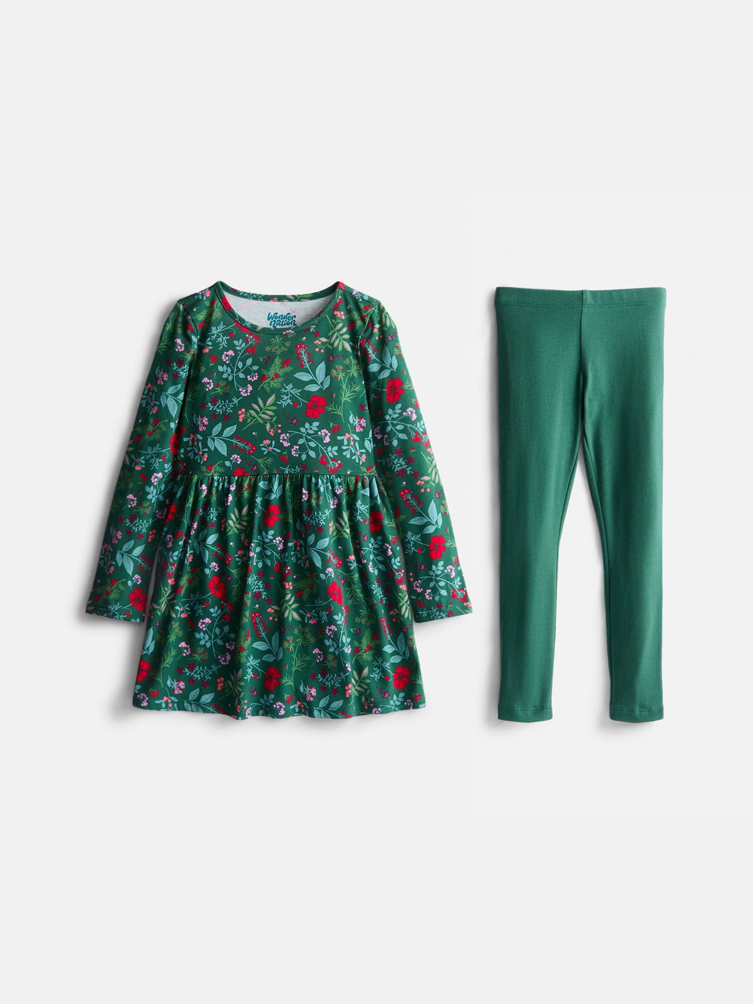 Wonder Nation Girls Play Dress with Long Sleeves and Leggings Set, 2 Piece, Sizes 4-18